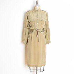 vintage 80s dress beige silk neutral secretary safari midi belted military M
